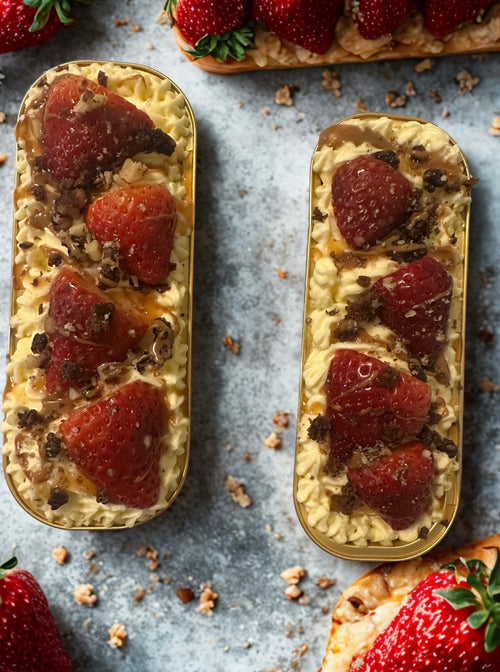 Strawberry Fudge Brownie Sundae. Including peanut butter chips, cookie butter, walnuts and caramel.